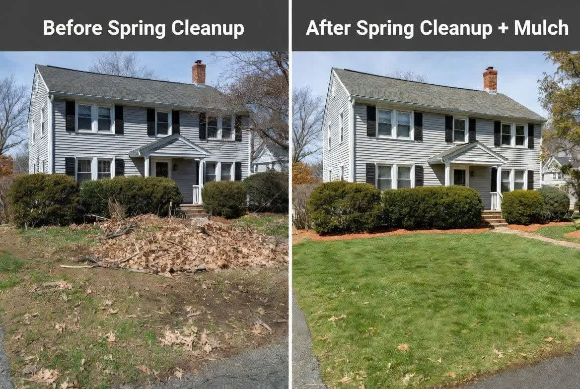 Before and after: gray colonial home given a spring cleanup with fresh mulch beds