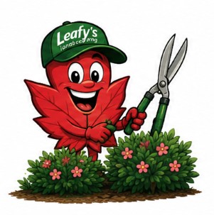 Leafy mascot holding hedge shears beside flowering bushes
