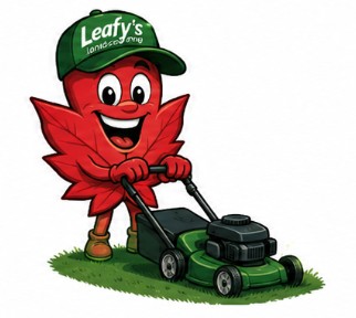 Leafy mascot pushing a green lawn mower