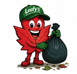Leafy mascot holding a black leaf and debris bag